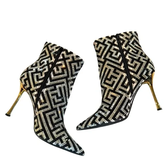 INC Black White Maze Rakima Sparkle Pointed Toe Gold Heeled Women's Boots 8 - Picture 5 of 9